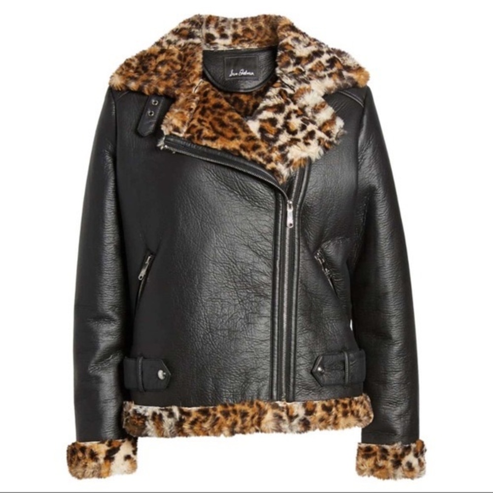 Sam Edelman Black Faux Leather Jacket with Leopard Trim - Picture 9 of 10